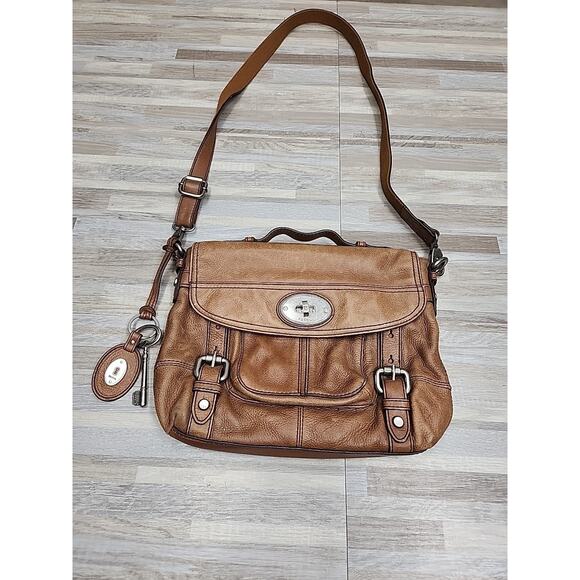 Fossil Handbags - FOSSIL MADDOX Distressed Brown Leather Organizer Crossbody Messenger Bag W/Key
